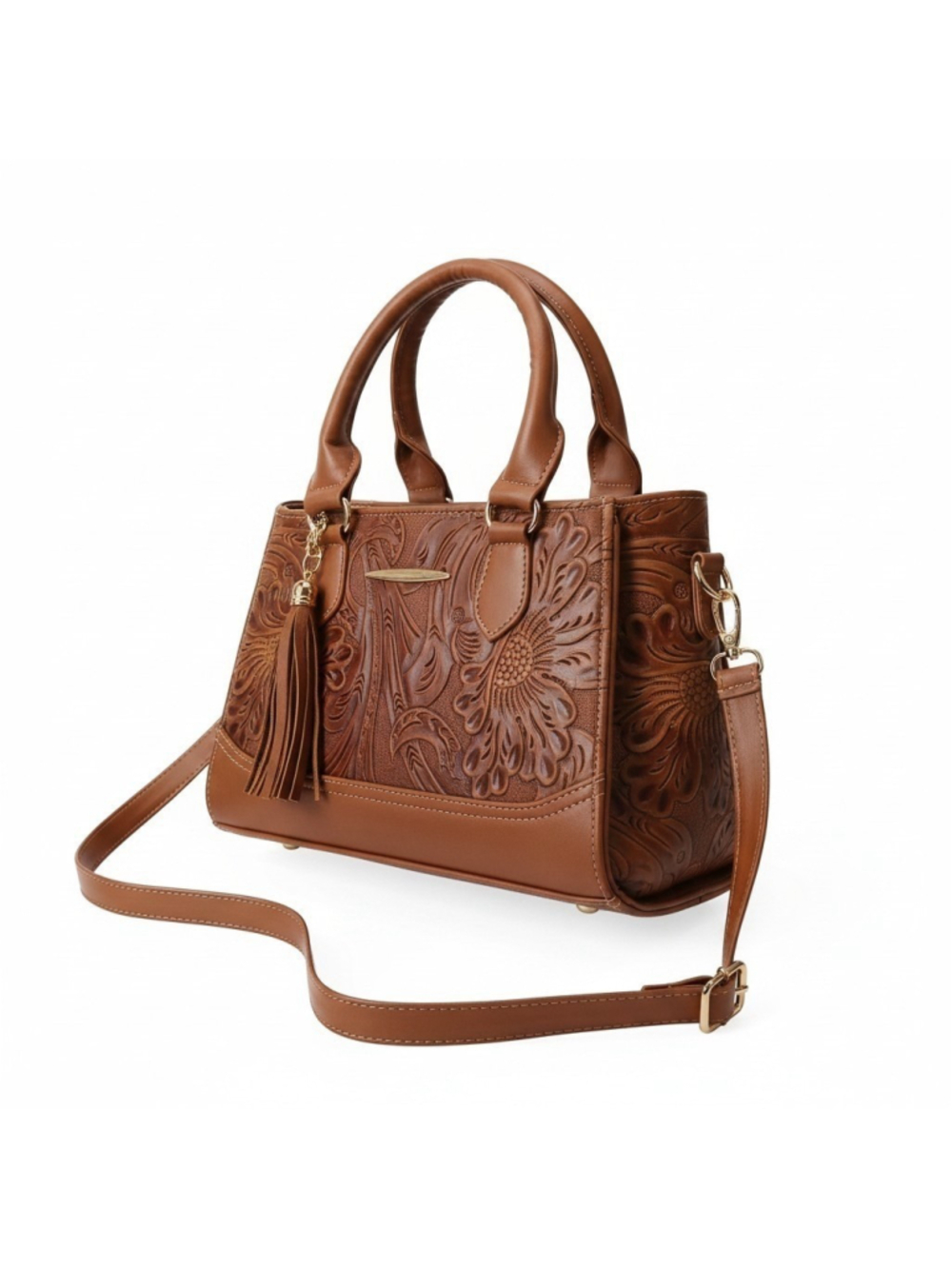 Brown Tasseled Floral Embossed Tooled Artisan LEATHER Crossbody bag Purse - Picture 2 of 16